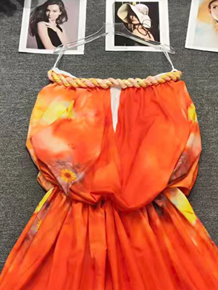 الرجعية مثير كلمة طوق جوفاء حبال صديرية دائرية تنورة الصيف المرأة الجديدة أنيقة مرونة الخصر سوينغ مزاجه طباعة اللباس