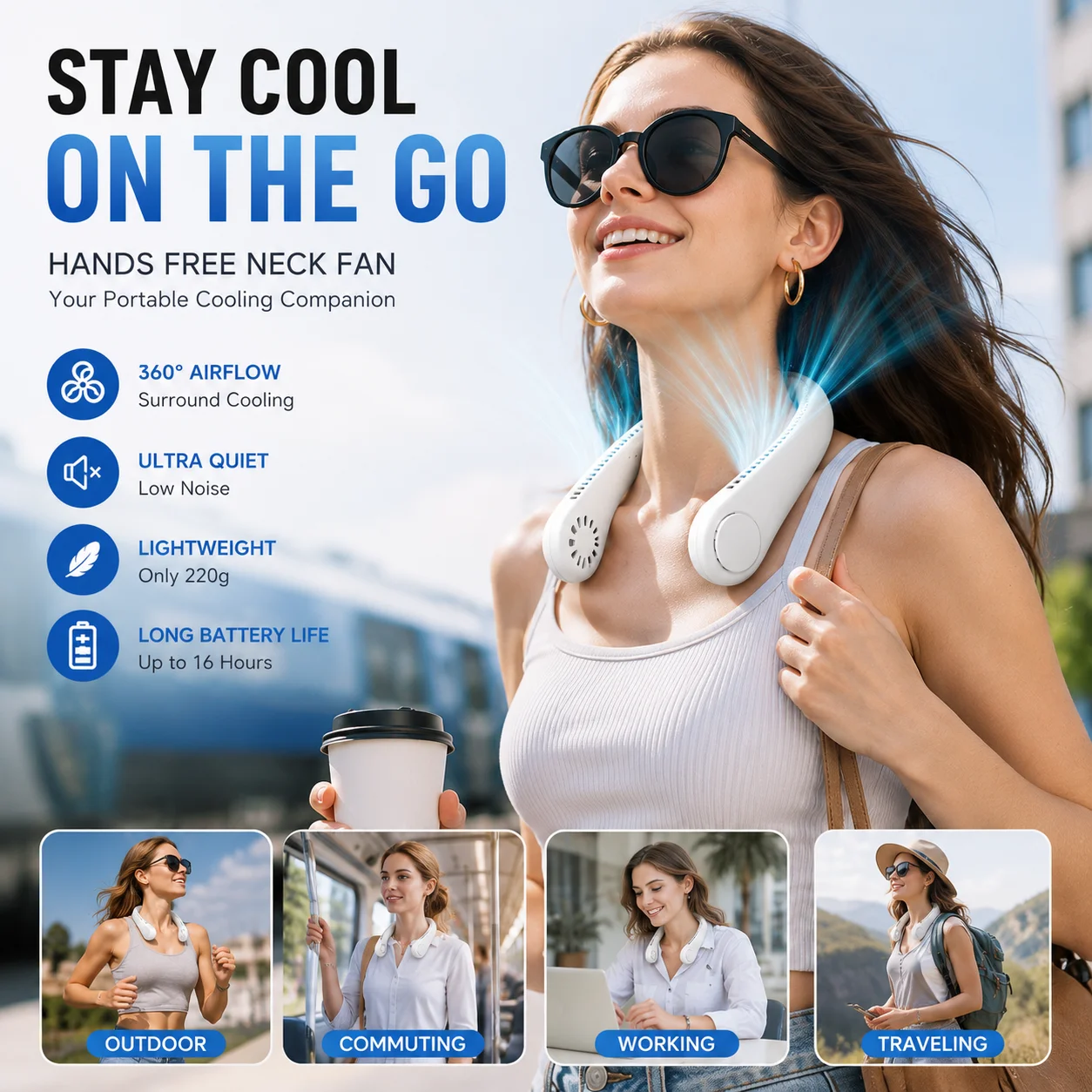 

Hands Free Neck Fan Portable Bladeless Cooling Fan USB Rechargeable Quiet Wearable Fan for Summer Travel 3 Speed Mini Long endur