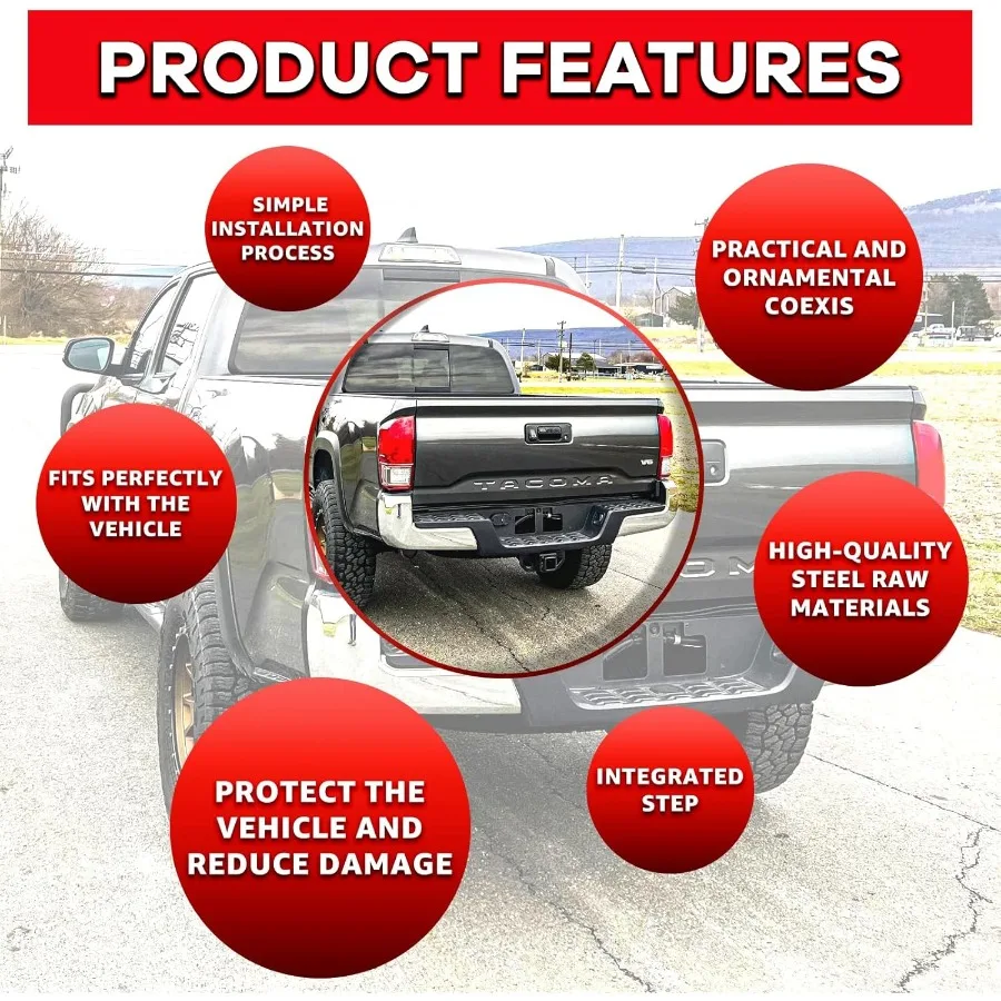 مجموعة المصد الخلفي الصلب لـ 2016-2023 Toyota Tacoma 3rd Gen بدون ثقوب مستشعر الحديقة استبدال المصد الخلفي من الكروم fo