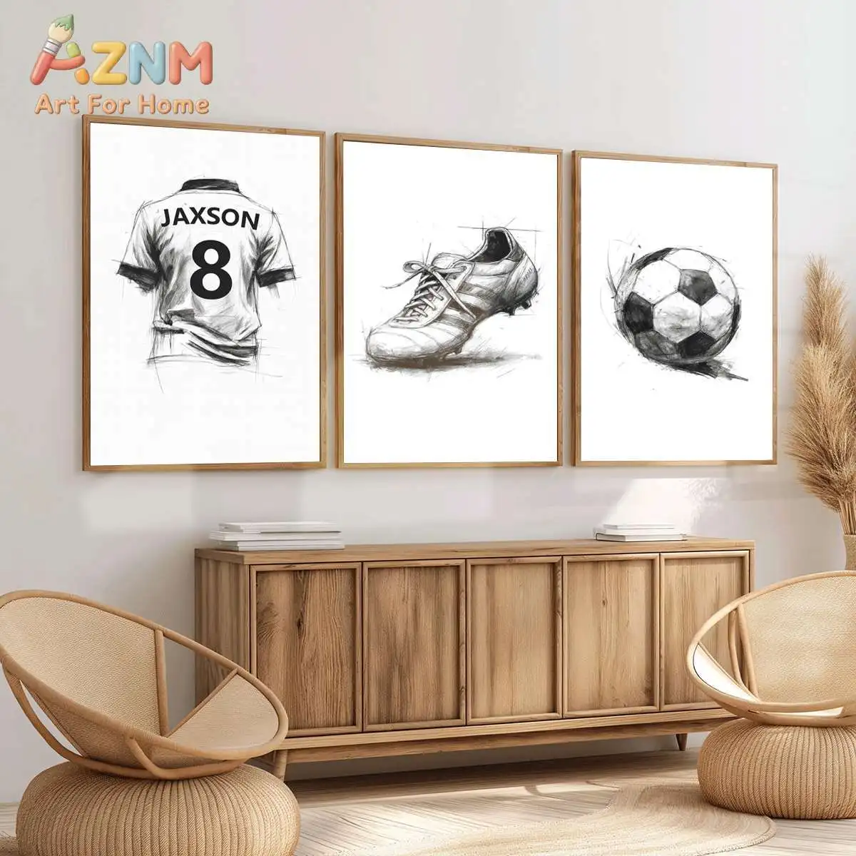 AZNM Frameless 2D Flat Sketch Soccer Jersey Cleat Football Canvas Print, Reusable Sport‑themed European Boys Bedroom Wall Art Po