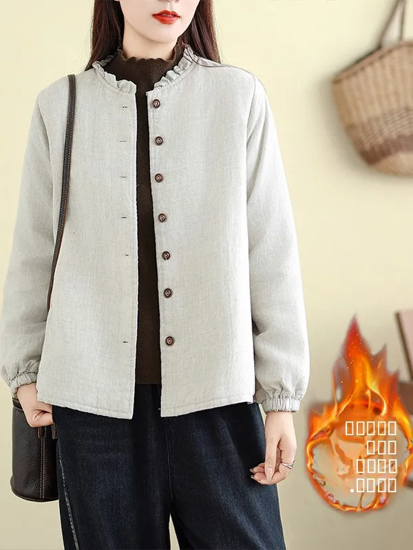 

Casual Cotton Linen round Ne irt Jaet Vintage Artistic Loose Fit Winter New Sle Commute Korean Sle Thiened Long S...