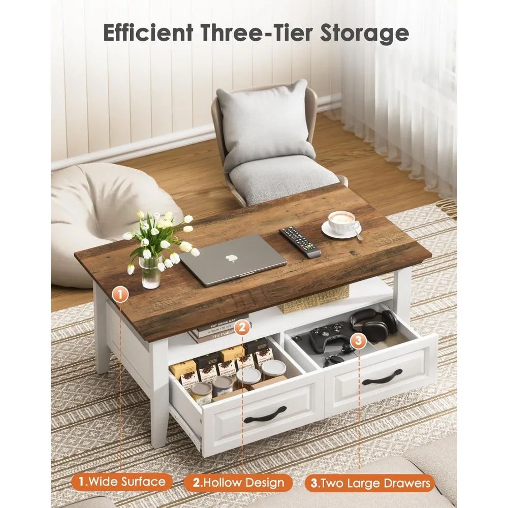 طاولة قهوة لغرفة المعيشة، 39.4 طاولة قهوة صغيرة مع مساحة تخزين، رف عرض مفتوح وأدراج مخفية #4