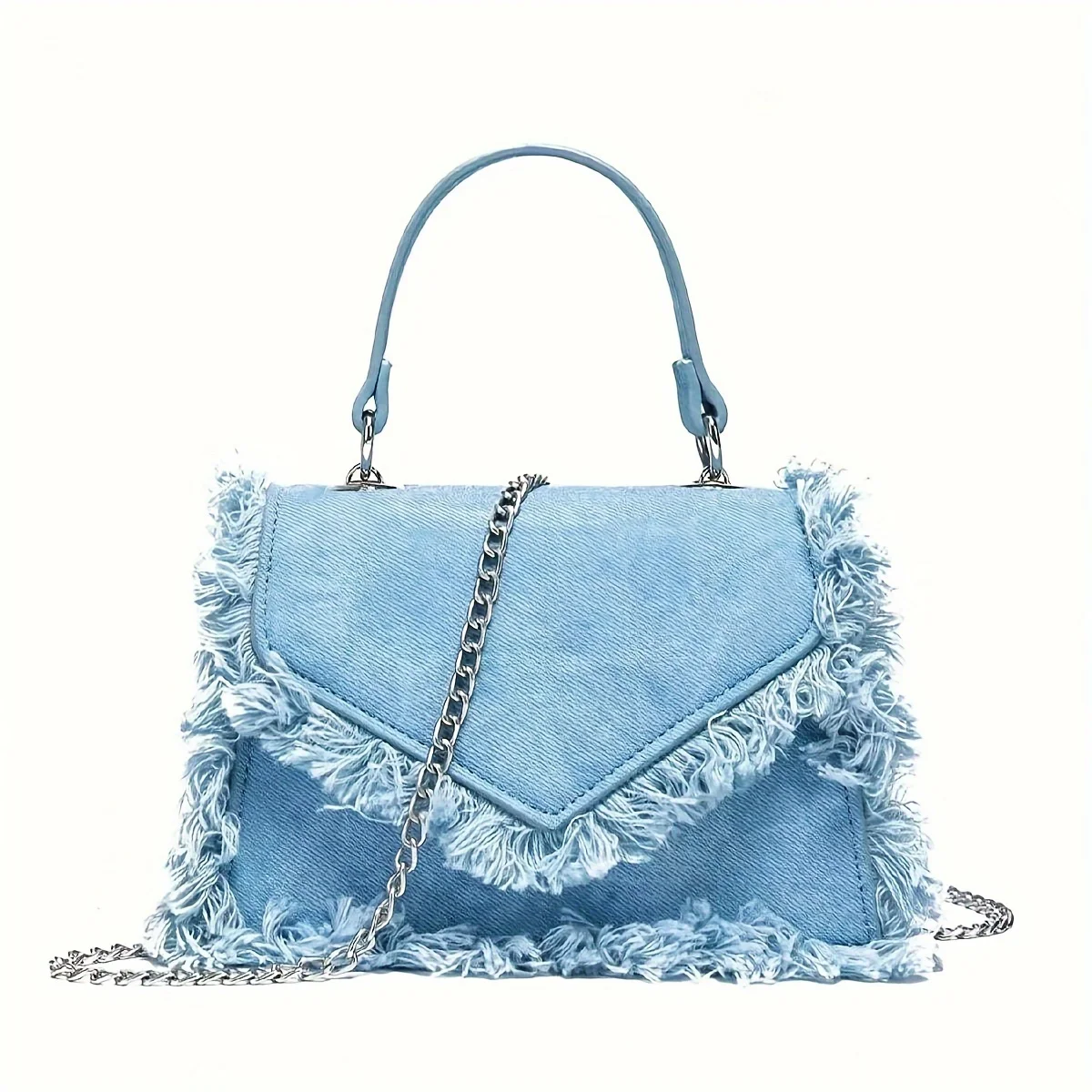 

Chic Blue PU Leather Shoulder Bag With Fringes, Casual Pure Color Crossbody Chain Purse, Fashionable Small Square Handbag