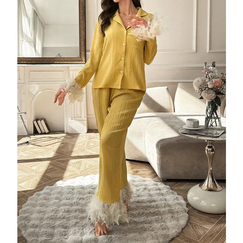 

Women Long Sleeve Shirt Pants 2Pcs Luxury Feather Trim Pajamas Suit Autumn Spring New Home Clothing Sleepwear Loungewear