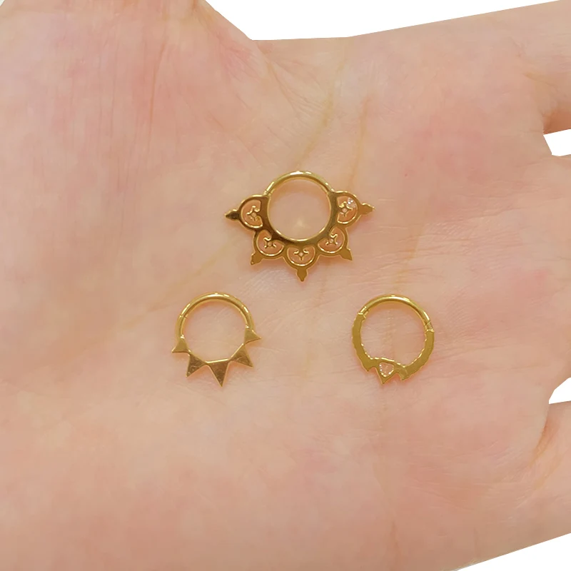 ASTM F136 Titanium EAR PIERC Fan-shaped and side CZ Ring Hoop Nose Rings Hinged Clicker Earring Labret Tragus Ring Body Piercing