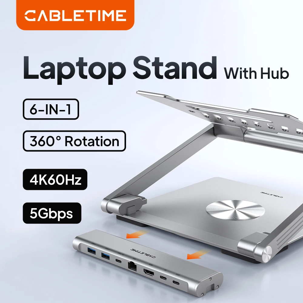 CABLETIME Laptop-Ständer mit 6-in-1 USB-C-Hub 360 °   Drehbarer USB 3.0 RJ45 PD 100W 4K60Hz HDMI-Anschluss für Laptop MacBook Air Lenovo