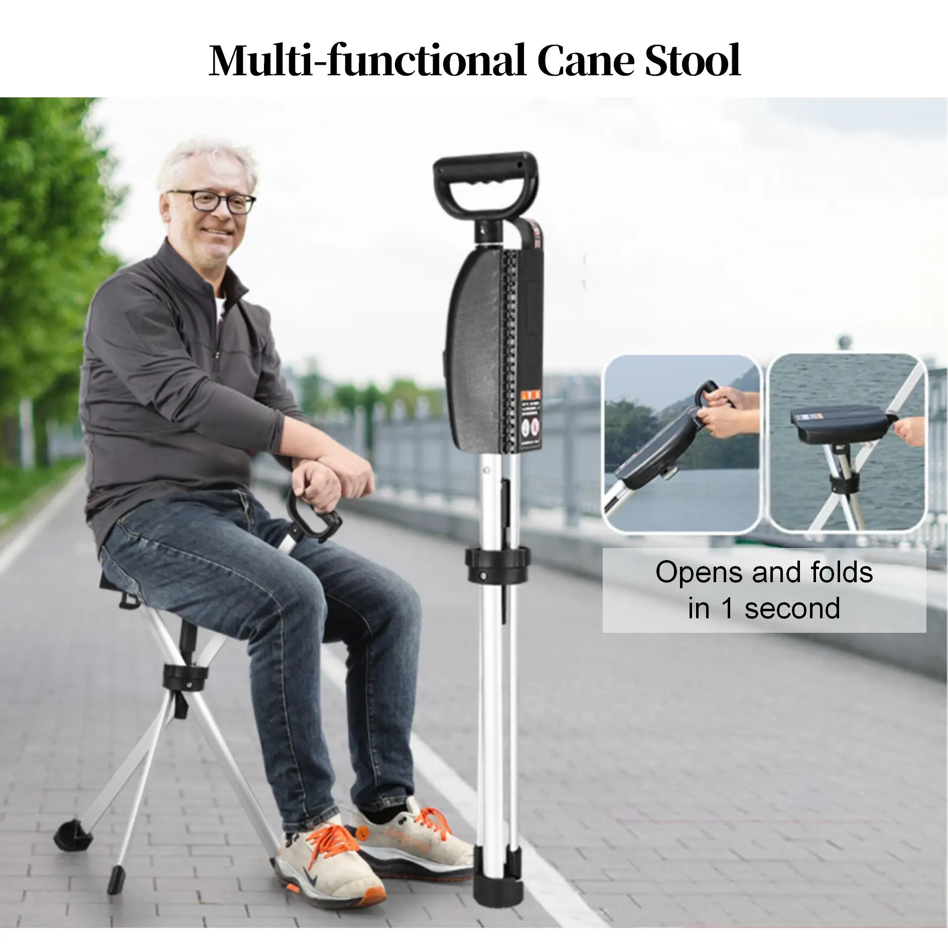 Multi-functional 3 Legs Cane Lightweight Aluminum Alloy Folding Medical Walking Stick Seat 120kg Load Capacity Adjustable Height