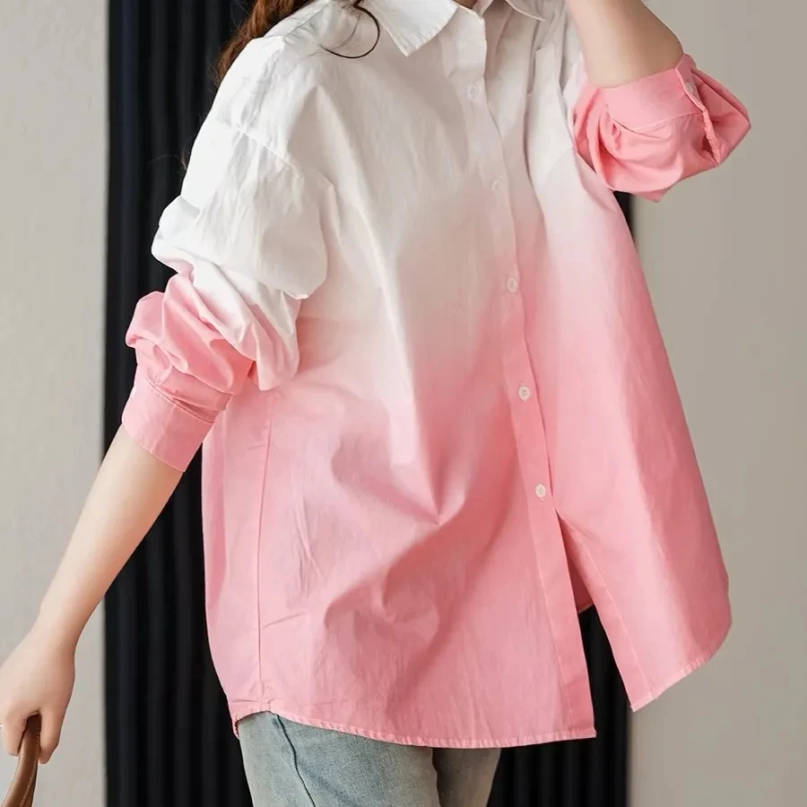 2026 New Spring Summer Korean Cotton Shirts Women's Segment Dyeing Gradient  Design Sense Niche Loose Casual Cardigan Blouse Coa