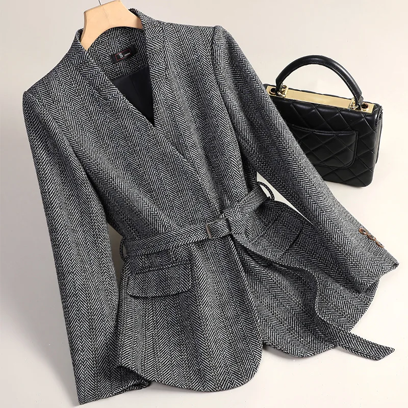 Small Fragrant Style Wool Woolen Blazer Women Autumn Winter Jacket New Striped Suit Top Winter Thicken Coat Lady Office Blazers