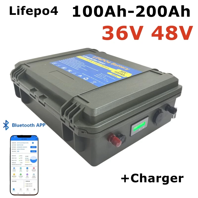 Batterie Lithium LiFePO4 Étanche, 36V, 100Ah 200Ah, 48V, 150Ah, avec Bluetooth, pour Tricycle, Voiturette de Golf boat motor