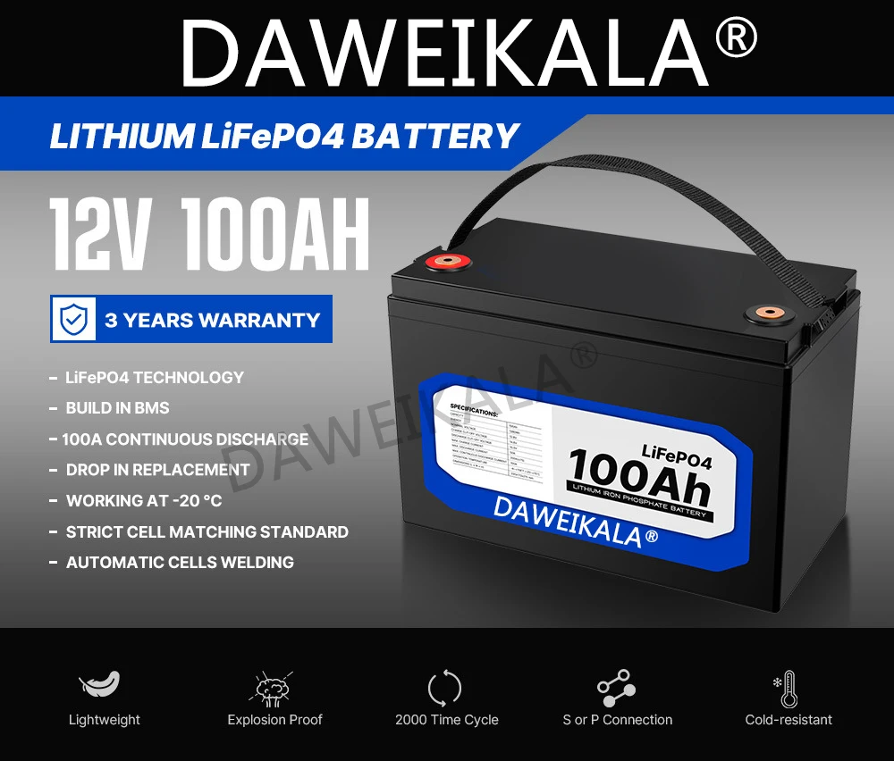 

New 12V 100Ah Lithium Iron Phosphate Battery LiFePO4 Built-in BMS LiFePO4 Battery for Solar Power System RV House Trolling Motor