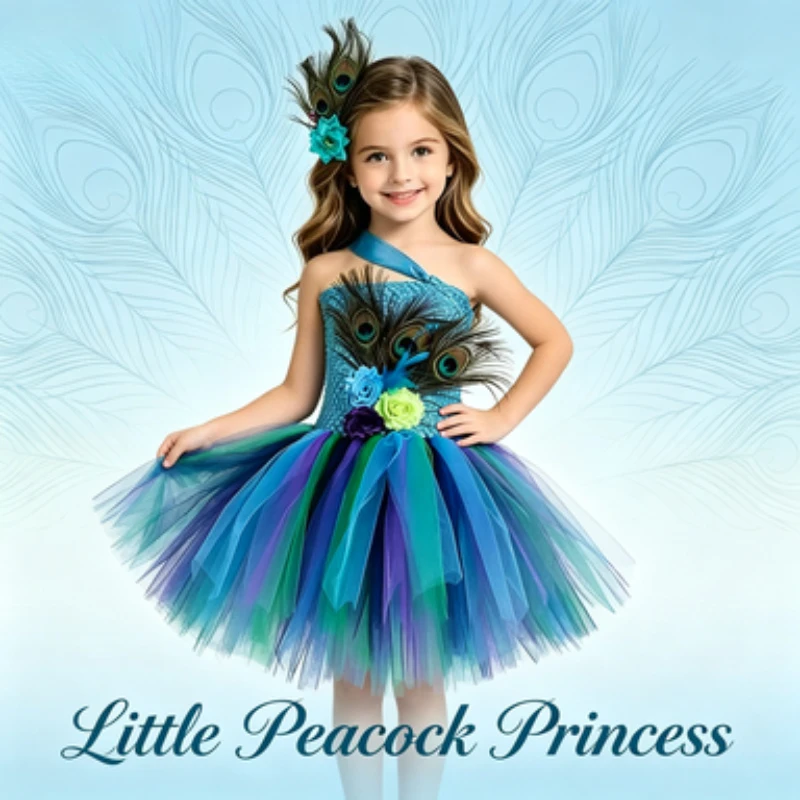 

Girls Peacock Feather Floral Dress, Kids Halloween Party Costume, Elegant Formal Dress for Christmas and New Year Festivals