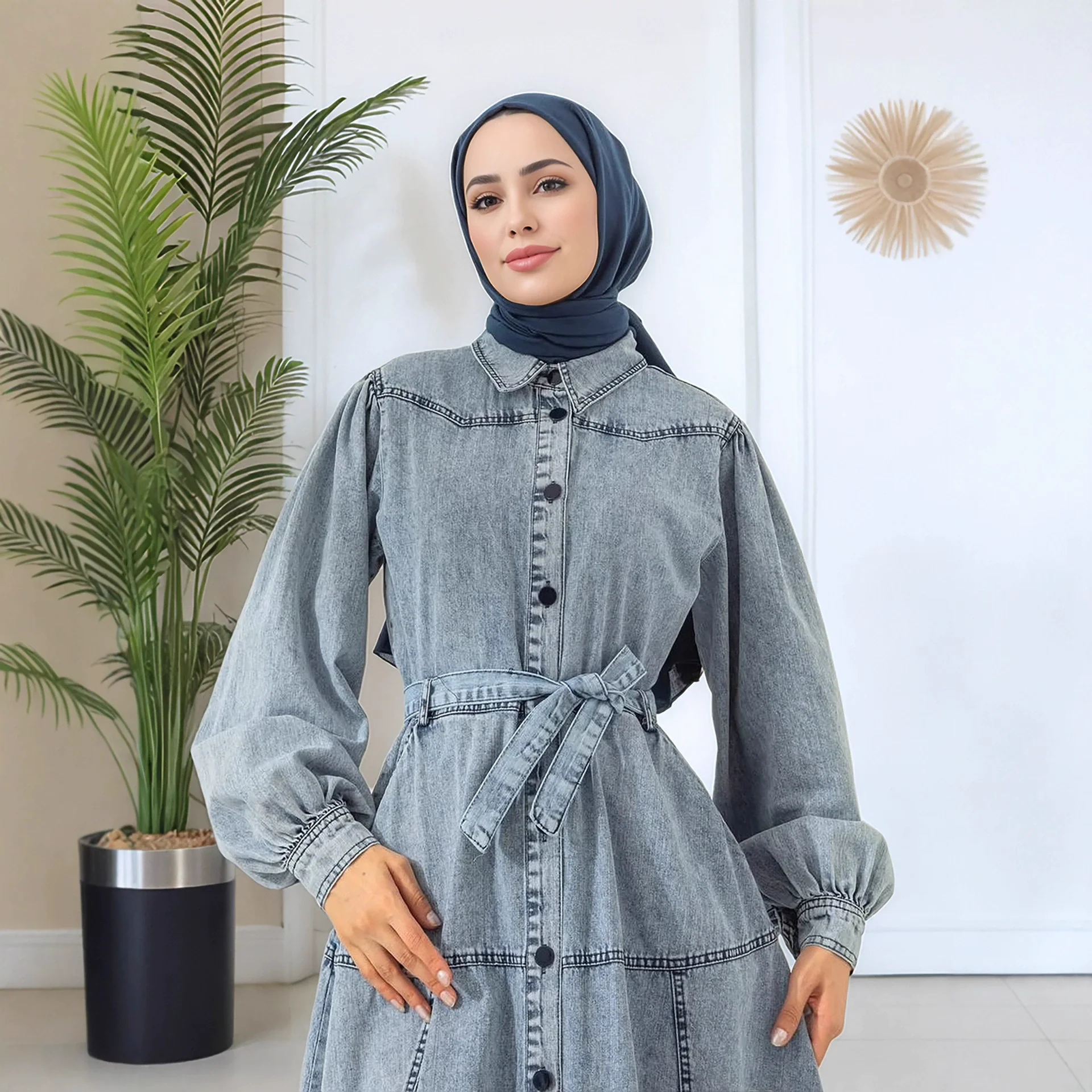 Ramadan Médio Oriente Islâmico Arábia Saudita vestido jeans feminino muçulmano vestido de moda de luxo solto casual lanterna manga vestido jeans