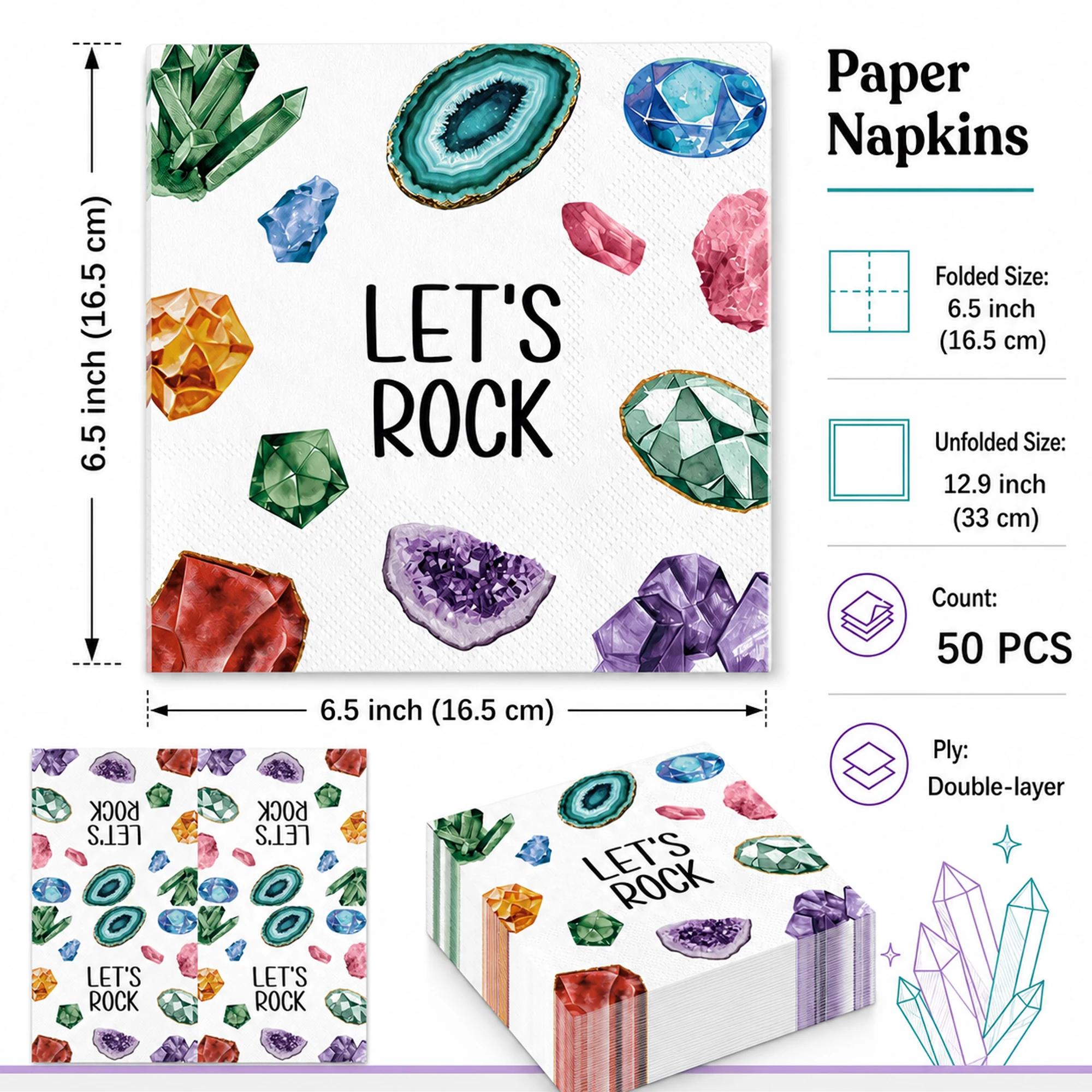 50PCS Geology Gemstone Napkins, Crystal Theme Tableware Supplies for Let's Rock Theme Birthday, Gem Baby Shower, Gender Reveal