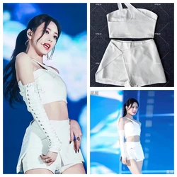 Kpop Korean Singer Concert Jazz Dance Costume White Off-Shoulder Crop Tops Slim Shorts Y2k Nightclub Stage Performance Outfits