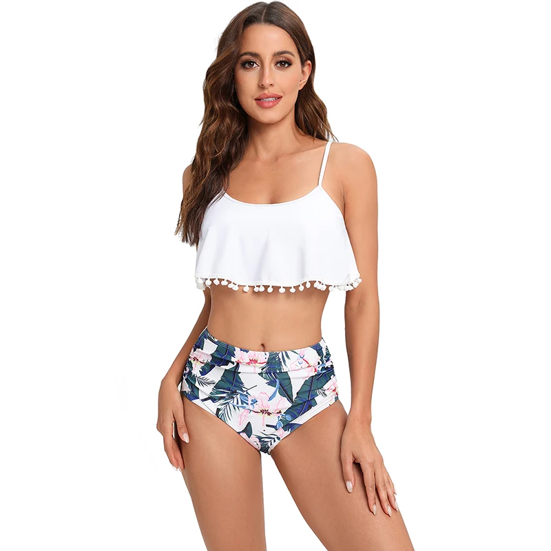 Women Tassel Swimsuit 2022 Summer Fashion New Printed Ruffle Two Piece Bikini High Waist Bathing Sets Sexy Swimwears Beach Wear