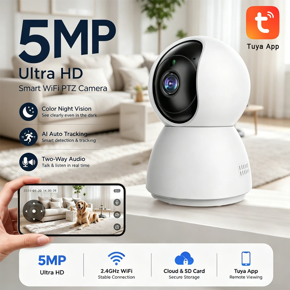 Indoor 5MP WiFi PTZ Camera Tuya App Baby Monitor AI Tracking Color Night Vision Two-Way Audio Home Security Surveillance Camera