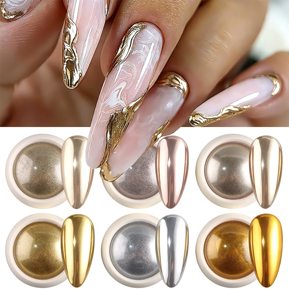6 Colors Mirror Chrome Nail Powder Metallic Golden Silvery Mirror Pigment Dust Manicure Powder Nail Art Decoration Supplies