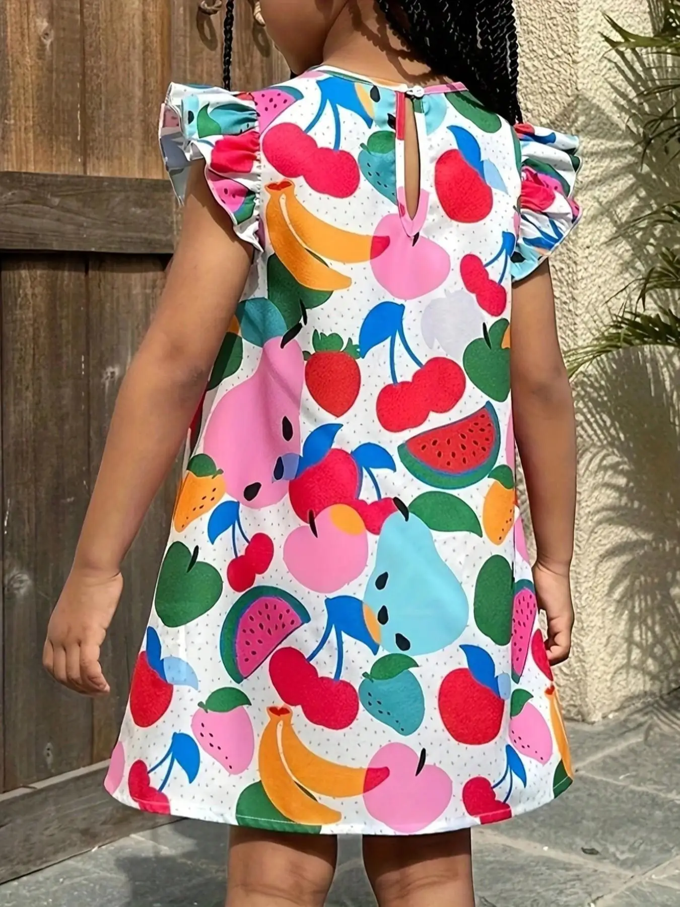 Girls' V-Neck Sleeveless Summer Casual Dress Energetic Vacation Style Full Print Colorful Fruit Pattern Perfect for Holiday