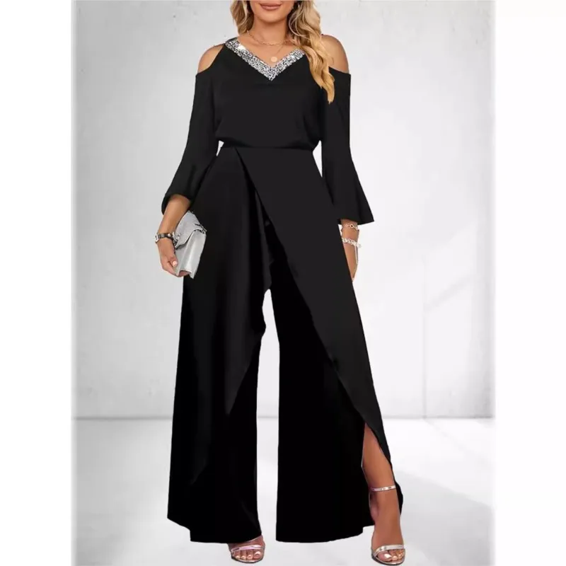 Autumn Women's Sexy Cold Shoulder Jumpsuit Sequin Decorate Flared Sleeve High Slit Wide Leg Party Elegant Romper Spring New