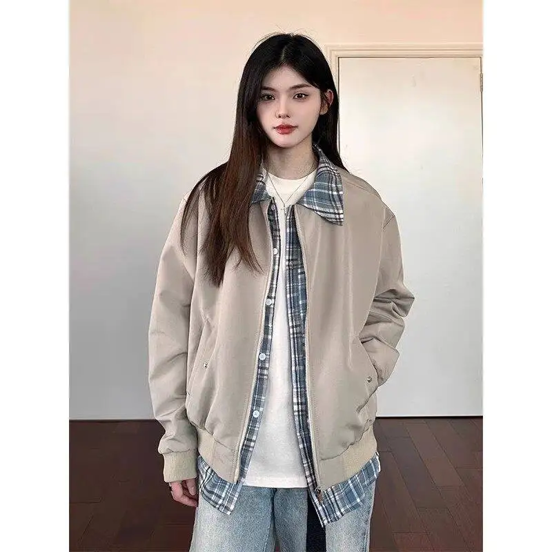

Cleanfit American Retro Plaid irt Jaet Men's Spring Autumn Design MA Stand Collar Pilot Jaet Loose Fit Anti-crease