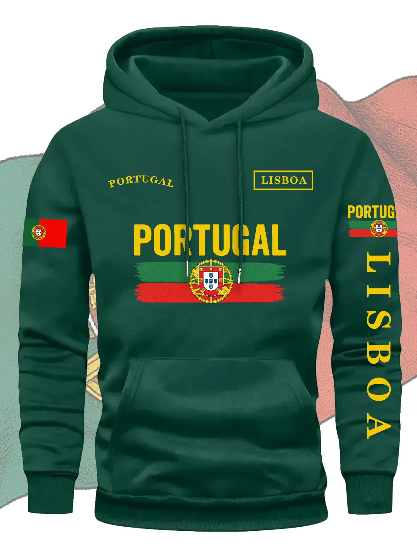 [Portugal Flag Graphic Hoodie] Polyester Blend Men's Green Portugal Flag Graphic Hoodie - 
