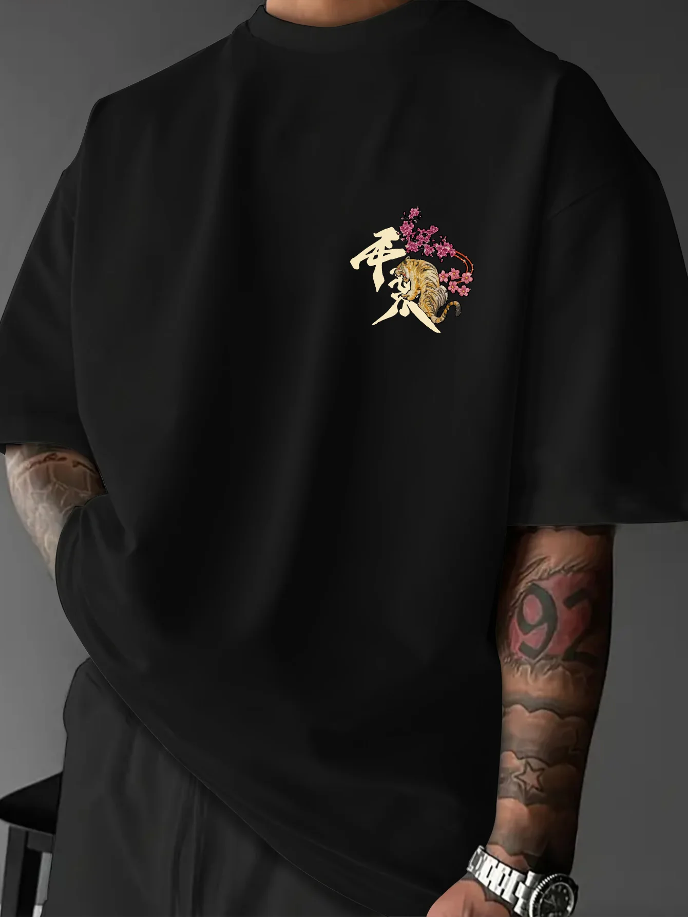 Men's T-Shirt, Japanese Streetwear, Three Tigers Cherry Blossom Back Print, Polyester, Casual Daily Outfit, S-XXL