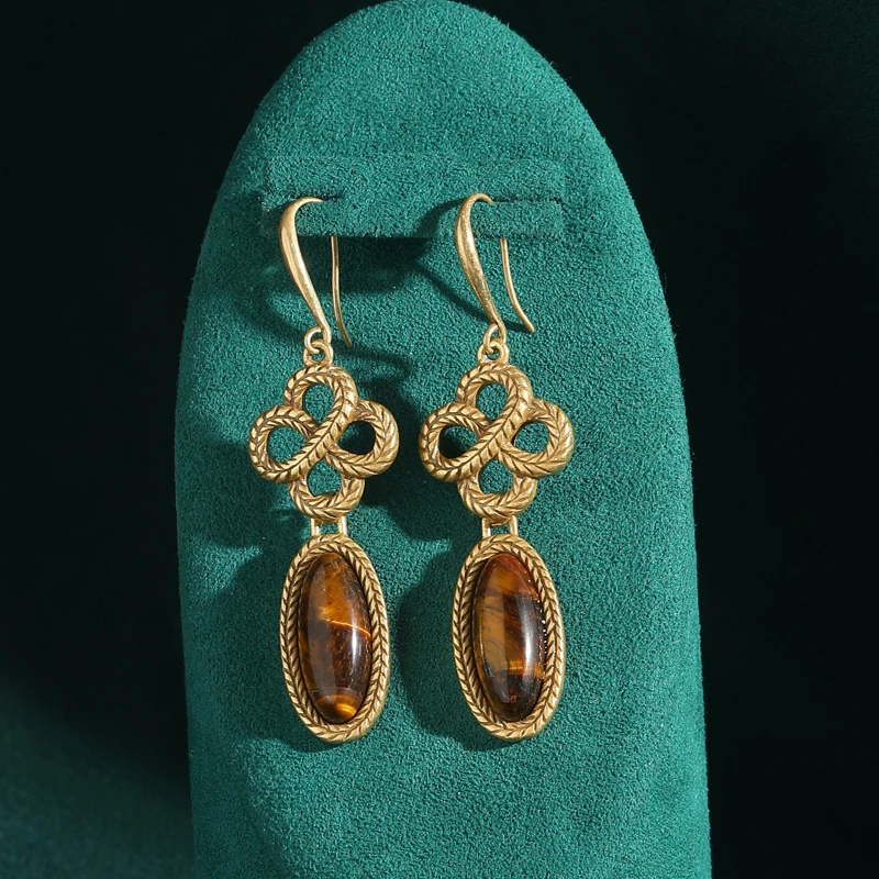 

Vintage Long Oval Tiger Eye Natural Stone Drop Dangle Earrings Lucky Flower Knot Gold Color Antique Jewelry for Women Party New