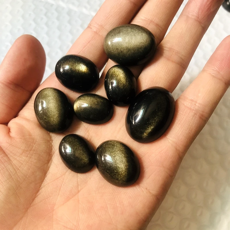 PANGEM-Promotion!5Pcs/Pack Mixed Free Size Natural Golden Obsidian Beads Cabochons,Cat\'s Eye Gemstone Cabochon Ring Face,15-26mm