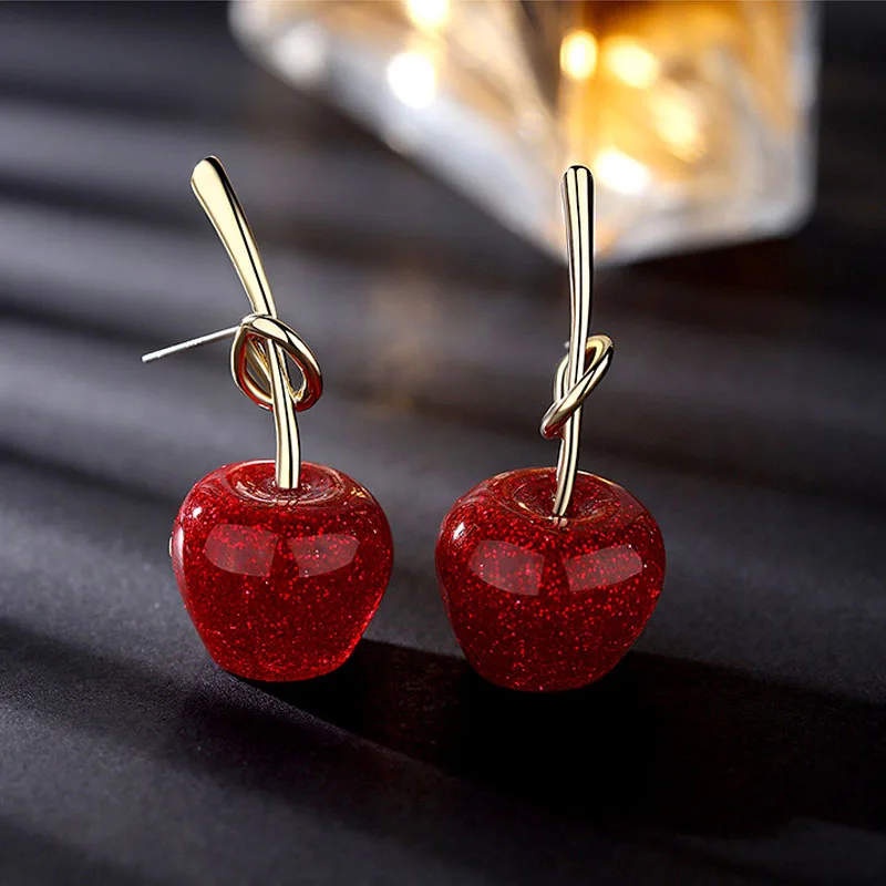 Transparan Resin Cherry anting wanita gadis emas paduan transparan hijau merah muda ungu merah Cherry anting klip perhiasan pesta