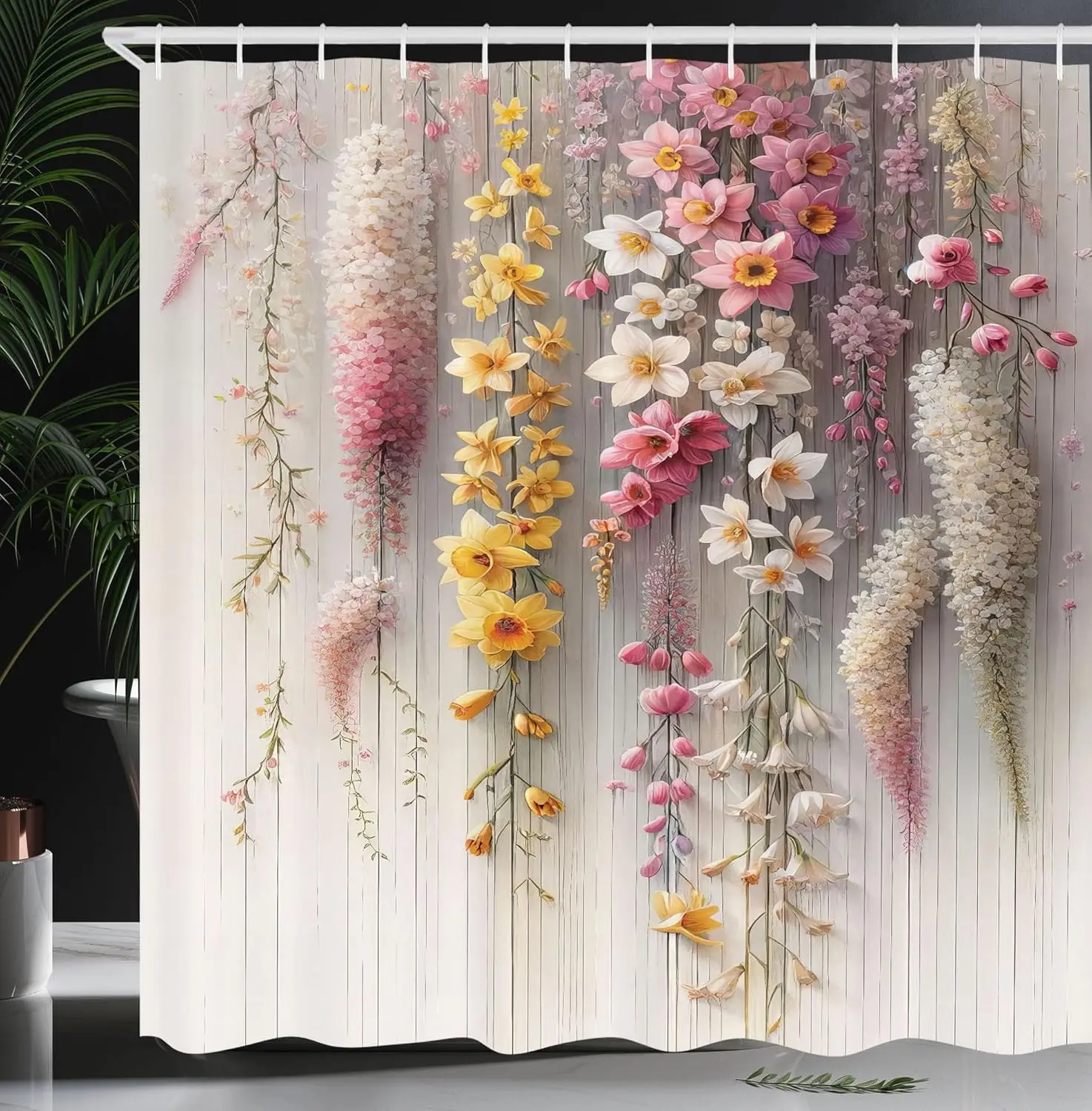 Spring Shower Curtain Delicate Romantic Creeper Mesh Flowers Cascade Neutral Theme Blush Yellow Pink Bathroom Decor Hooks
