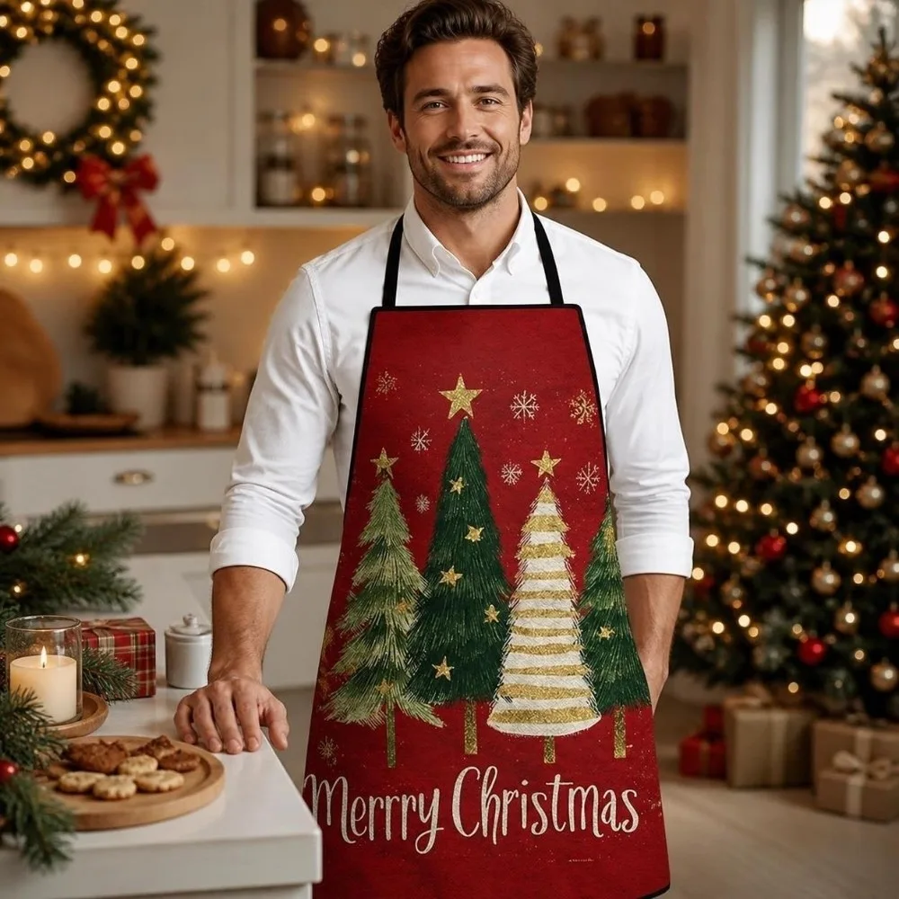 Durable Cross Strap Christmas Apron Stain-Resistant Creative Xmas Kitchen Apron Oil-Resistant Washable Chef Work Uniform Holiday