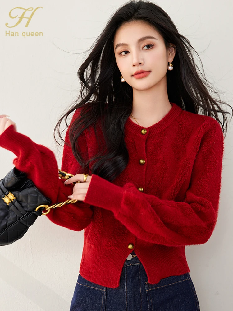 H Han Queen 2024 Autumn Winter Knitted Sweater Korean Vintage Red Jacket Cardigan Women Long Sleeve Female Clothing Fashion Tops