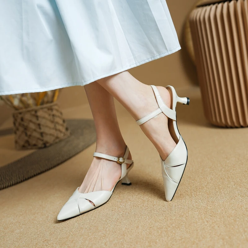 

NEW Summer Women Sandals Genuine Leather Shoes for Women Pointed Toe Thin Heel Shoes Elegant Cover Toe Slingback Apricot Sandals