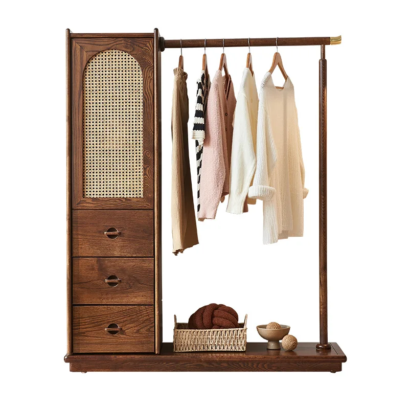 Retro solid wood coat rack South East Asia B & B Multifunctional rattan floor-to-ceiling hanger with drawer storage cabinet