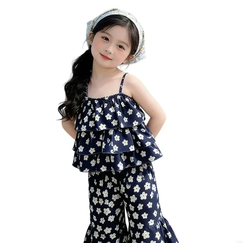 CORB 2Pcs Girls Fashion Set French Charm Ruffled T-Shirt And Flared Bottom Pants