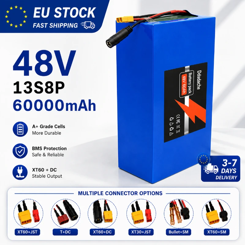 Batterie au lithium 48V 60Ah 13S8P, pack de batteries Li-ion rechargeables 18650 avec BMS intelligent, connecteur XT60 DC, stock UE, livraison rapide pour vélo électrique, trottinette électrique, stockage d'énergie solaire, camping-car, alimentation de secours, système d'énergie DIY