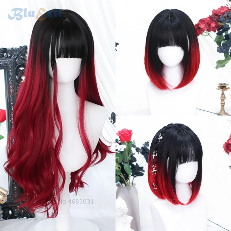 

Gradient Black Red Wig Chic Girls Cosplay Hair Short Straight Long Curly Lolita Gothic Harajuku Cute Bangs Halloween Headwear