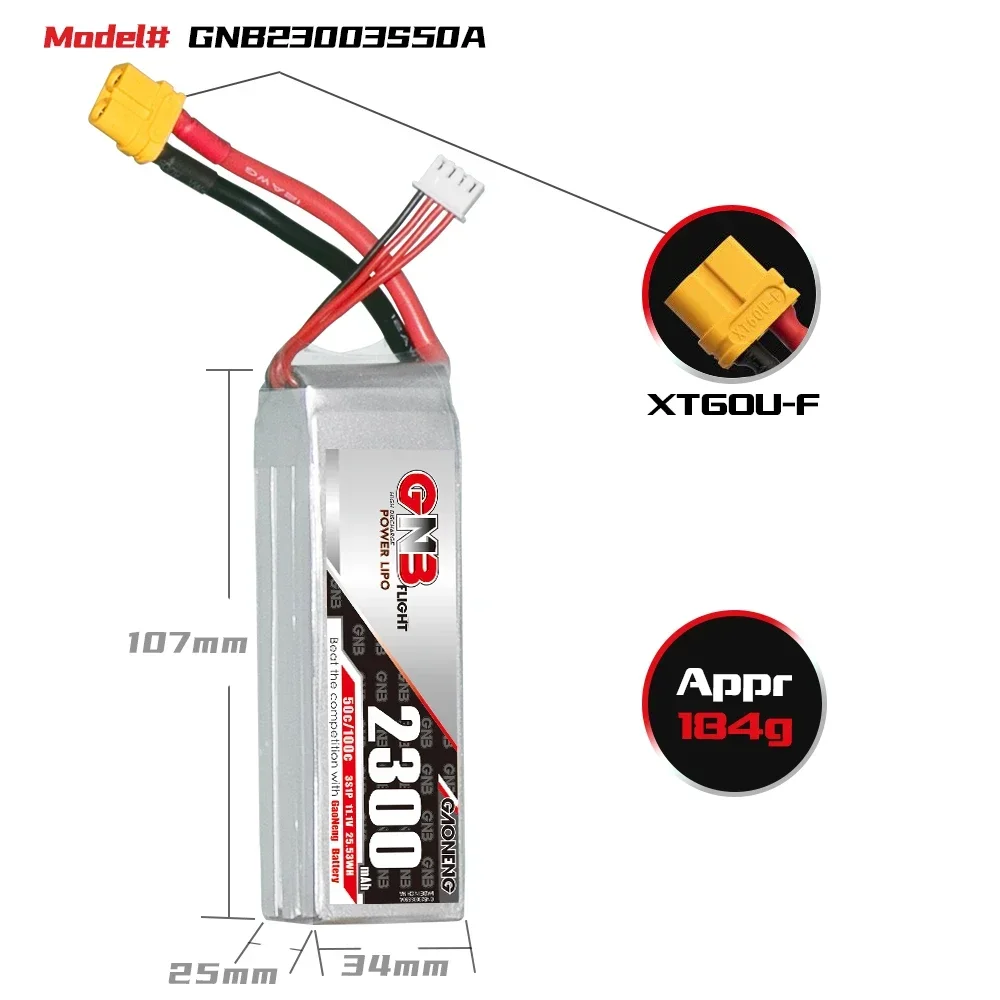 GAONENG 2300mAh 50C 2S/3S/4S/6S 7.4V/11.1V/14.8V/22.2V akumulator LiPo ze złączem XT60/T do części dronów wyścigowych FPV RC