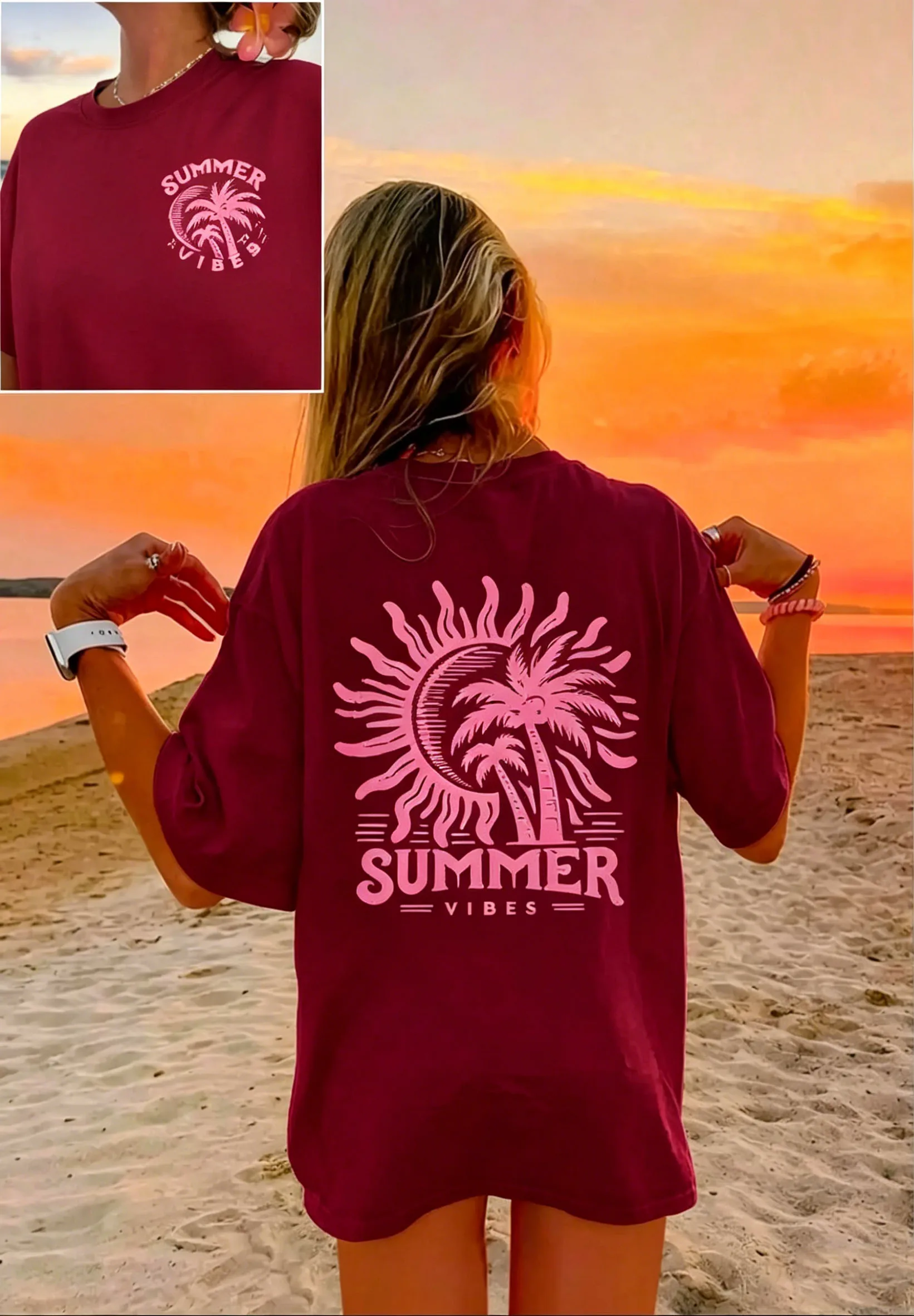 Bohemian Summer Atmosphere Sunshine Palm Tree Double Sided Printed Women's Round Neck Short Sleeved Vacation T-shirt view 3