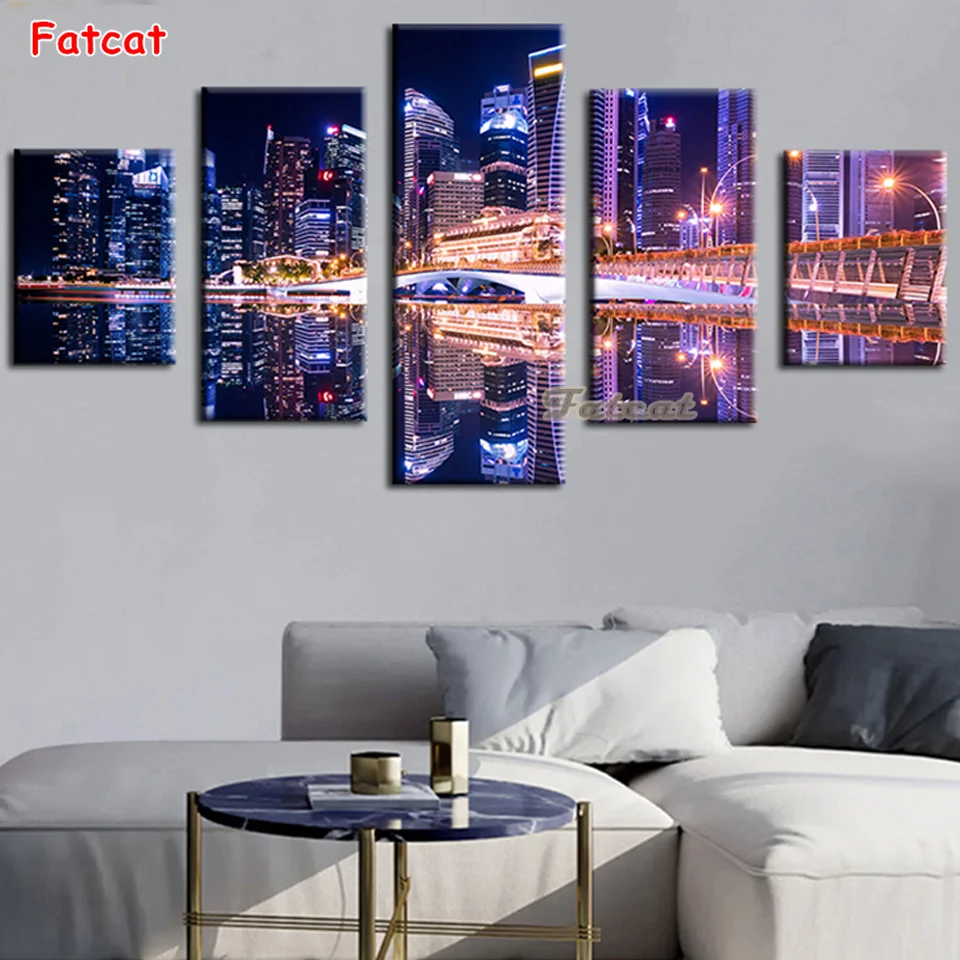 5 piece diamond painting Night City, ,cross stitch 3d,diamond embroidery landscape,mosaic crafts pattern PP4762