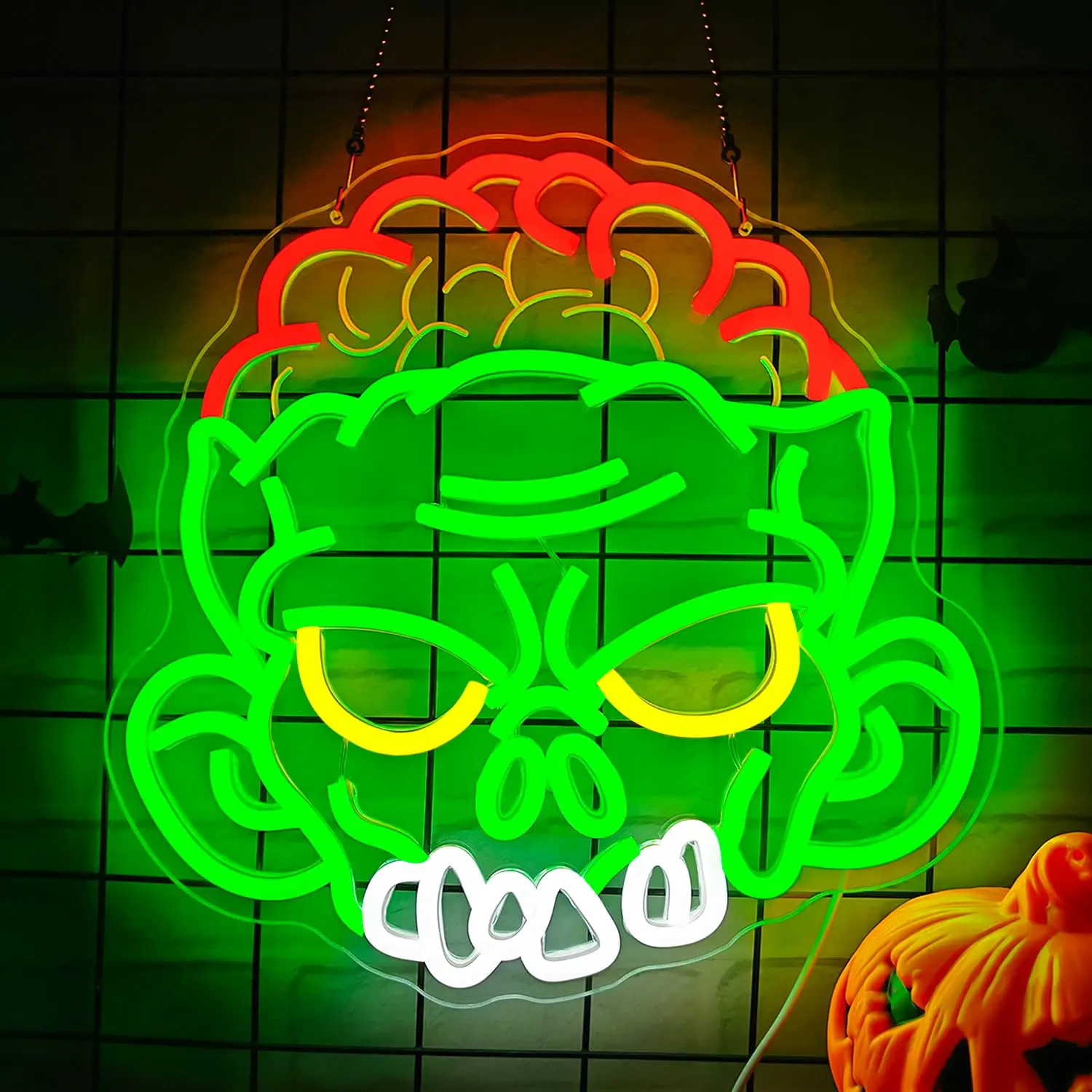 Frankenstein Zombie Neon Sign Customizable Green LED Light for Halloween Party Haunted House Bar Decor Green Wall Art Portable