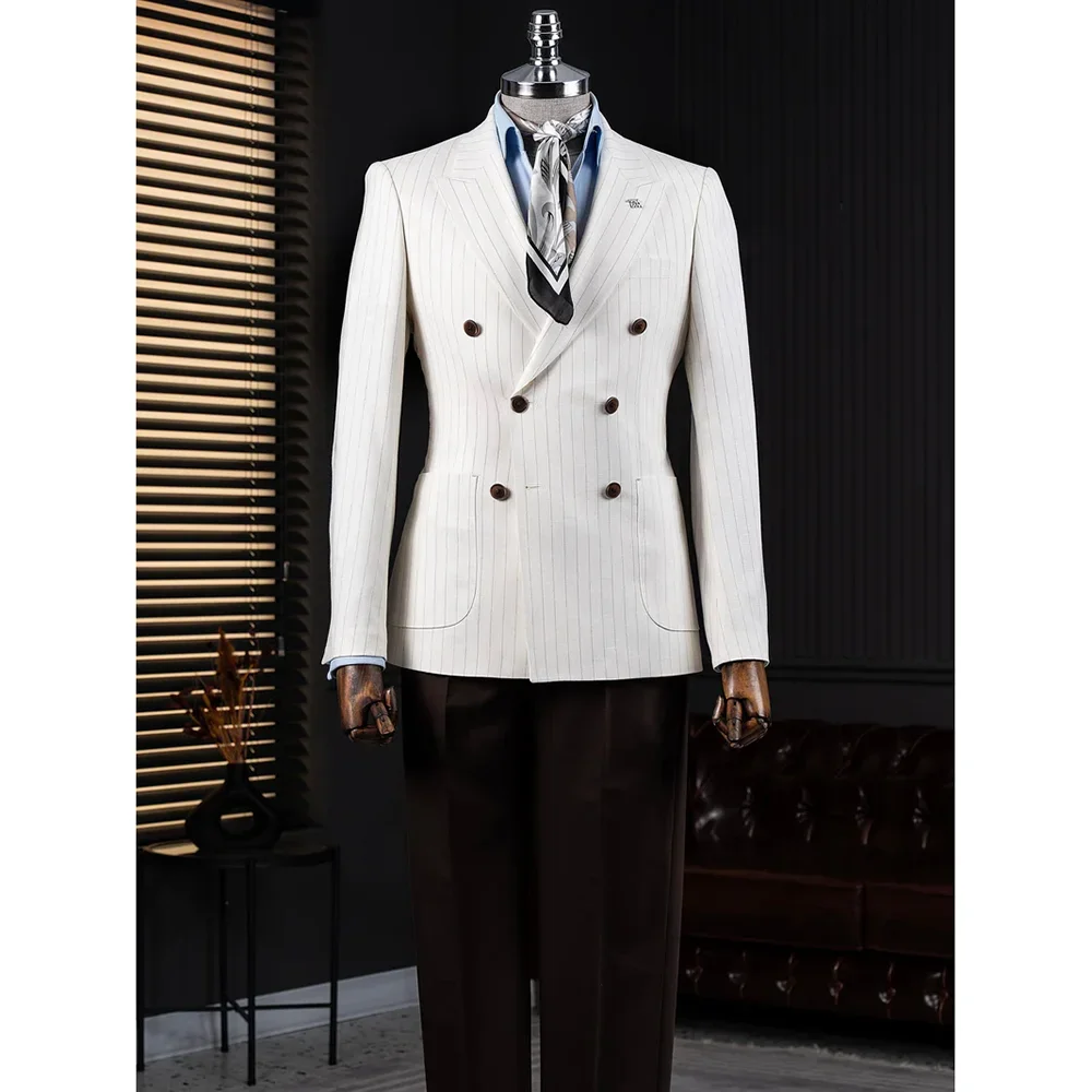 

Мужские костюмы в белую полоску с двубортными остроконечными лацканами, комплект из 2 предметов (куртка + брюки), свадебные вечерние комплекты, костюмы для официальных мероприятий