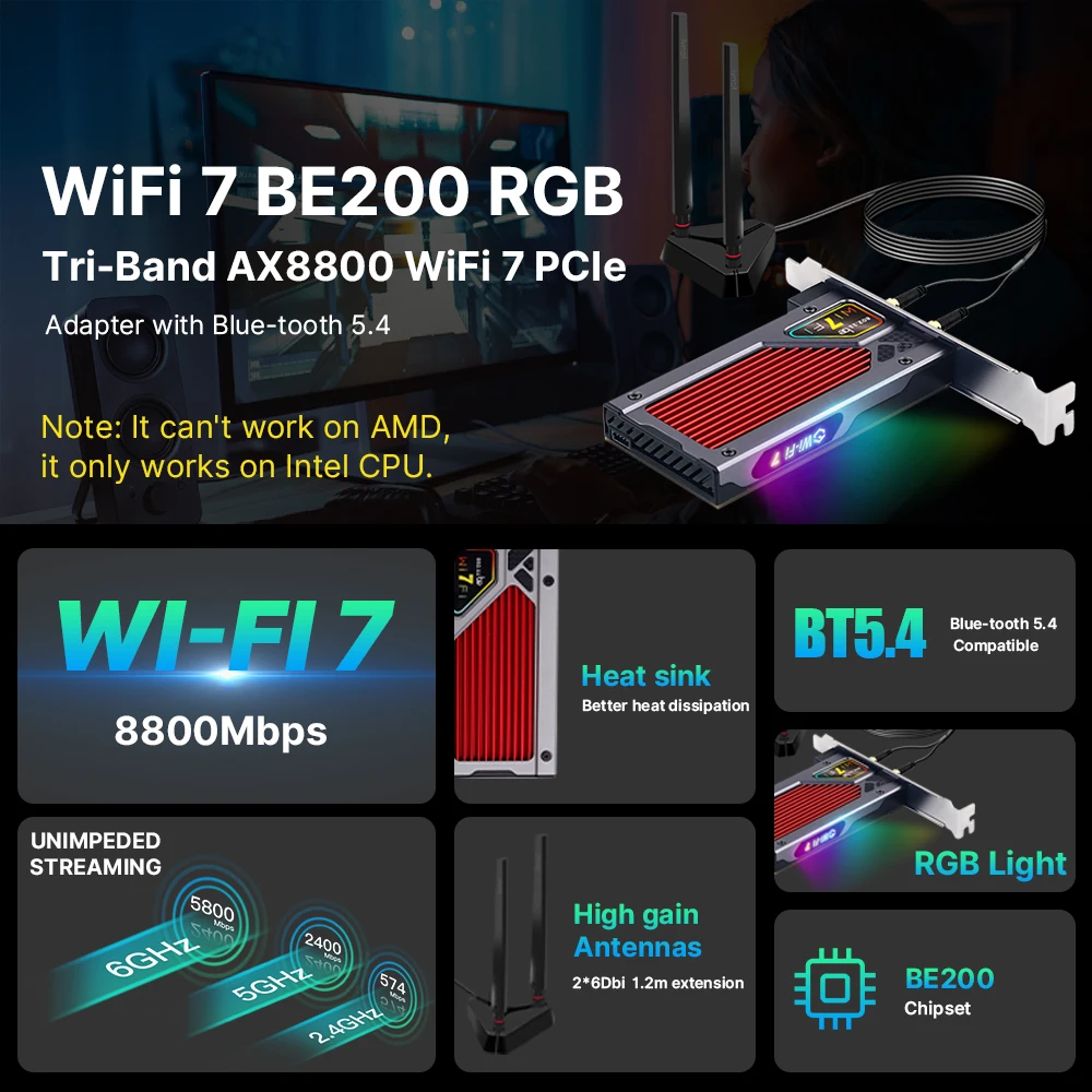 محول Fenvi-Pcie للكمبيوتر wi-fi 7 ، بلوتوث لاسلكي ، 802.11be ، مصباح RGB ، بطاقة الشبكة ، شريط ثلاثي ، 6G ، 5G ، G ، Win 10 ، 11 ، BE200