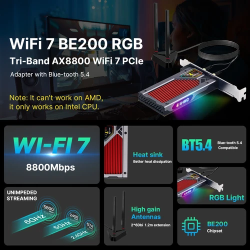 Imagen 2 del producto Fvi-adaptador Pcie inalámbrico WiFi 7, Bluetooth 5,4, 802.11be, luz RGB, tarjeta de red BE200, triple banda, 6G/5G/2,4G, Win 10/11, para PC