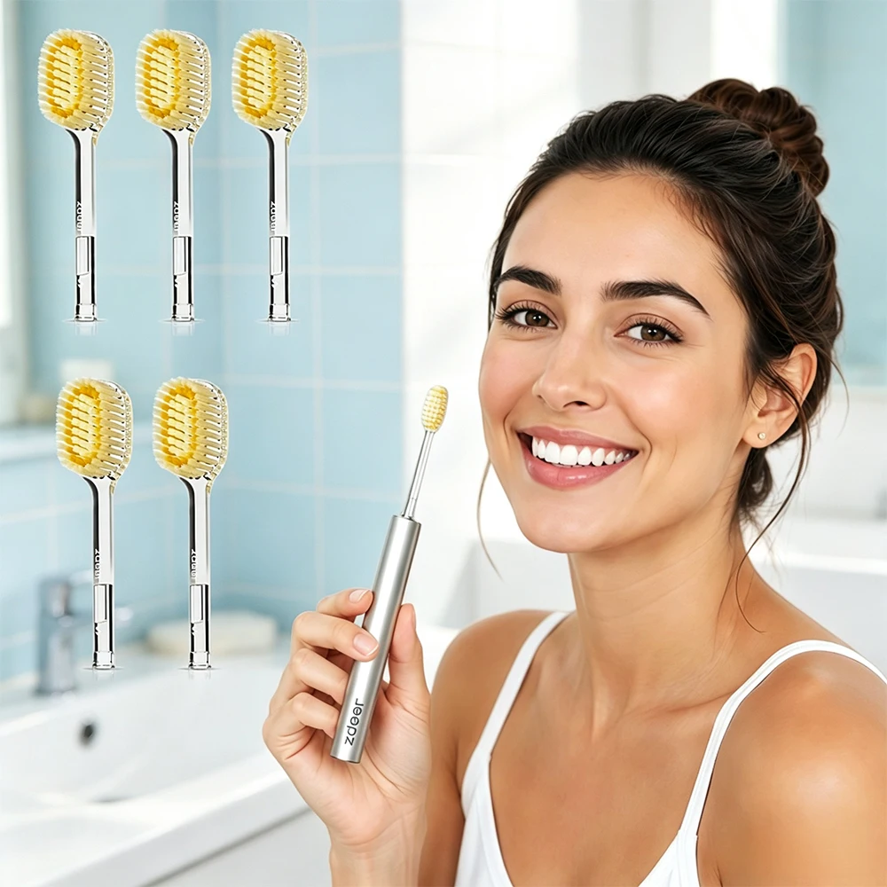 Manual Toothbrush with Metal Handle, 5pcs Soft Replaceable Brush Heads, Sensitive Gum Premium Reusable Oral Care Kit for Adults