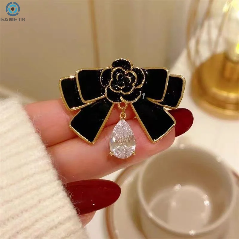 Flower Bow Brooch Black Oil-drip Metal Mourning Corsage Pin French Elegant Bag Clothes Scarf Accessory Brooch Suit Pin Buttons
