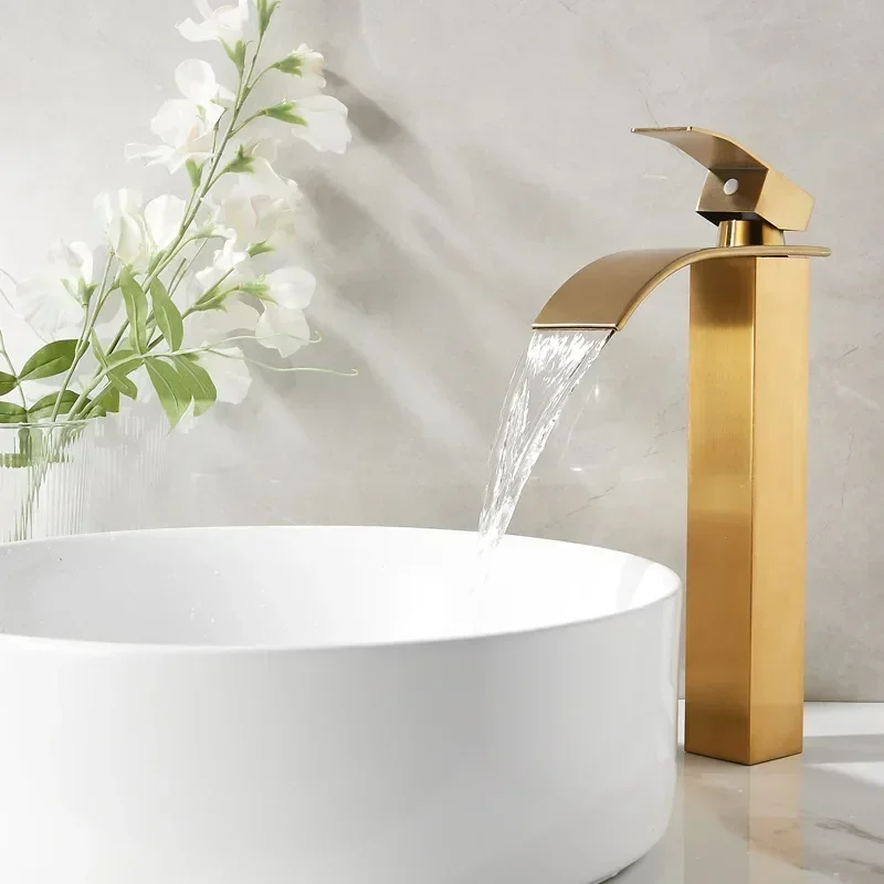 Flat Mouth Waterfall Faucet Bathroom Brushed Gold Water Tap Single Handle Deck Mounted Sink Faucet High