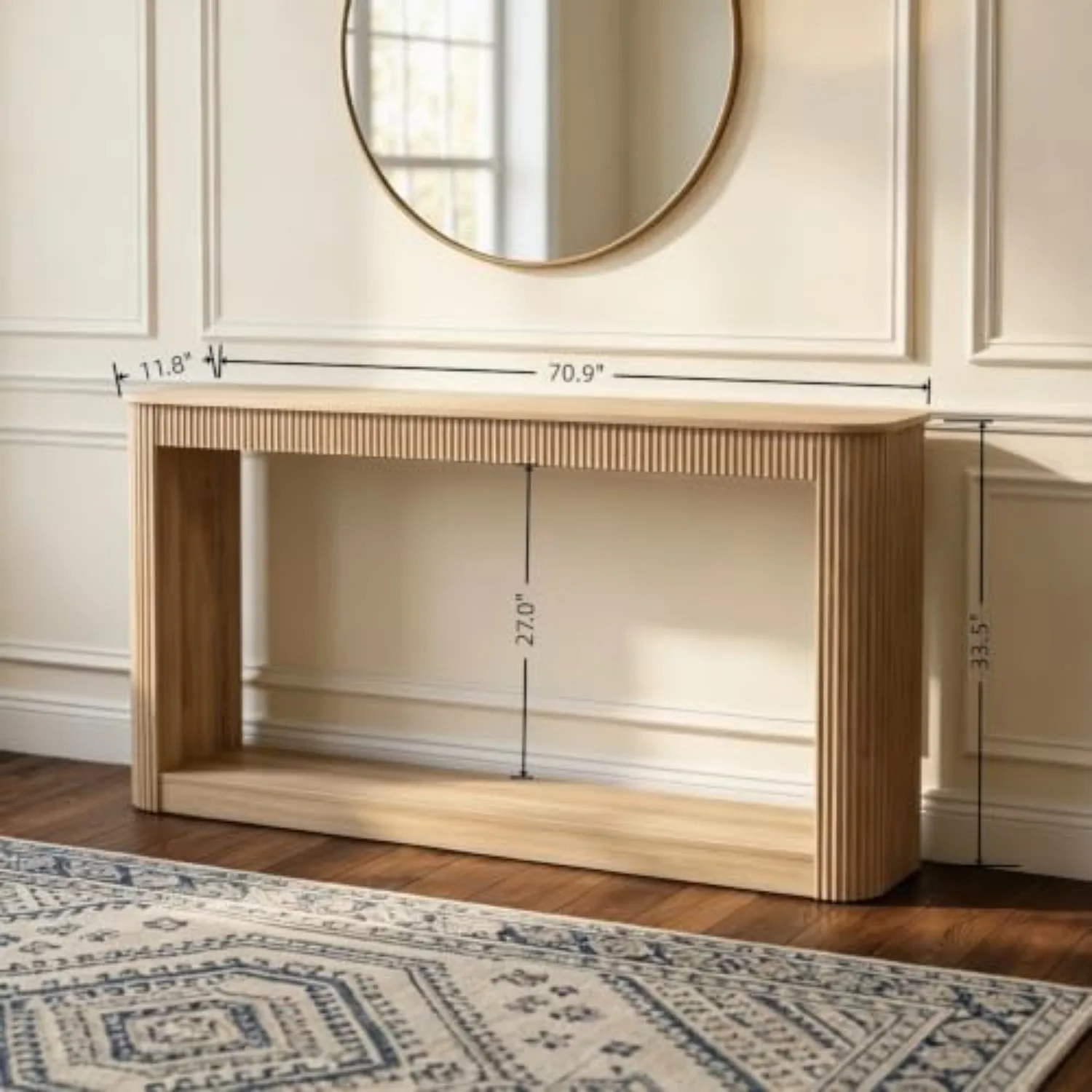 70.9'' Fluted Extra Long Entryway Console Table, Natural | Wooden Sofa Table Behind Couch with Storage Shelf, 2-Tier