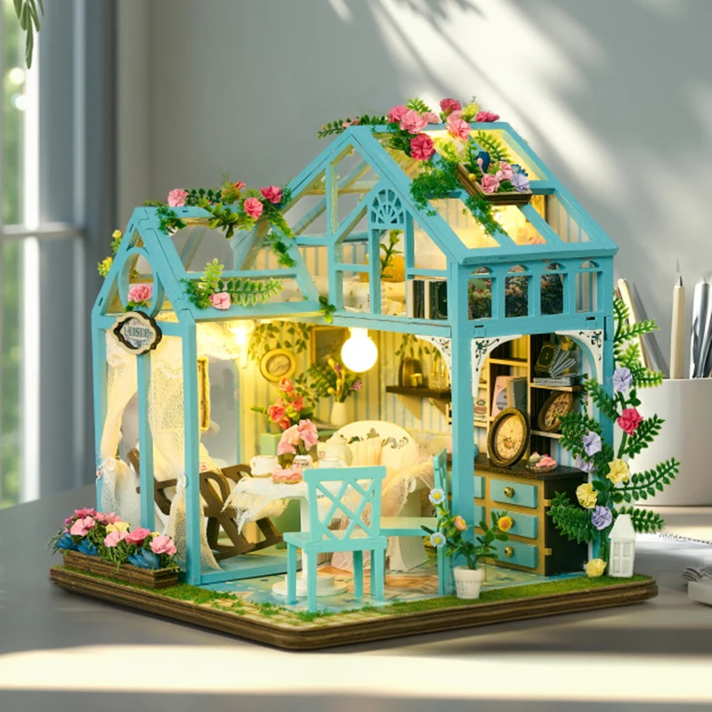 Kit di costruzione in miniatura in legno fai-da-te Case delle bambole del cottage del giardino dei fiori con mobili Case delle bambole Casa per i regali di compleanno degli amici